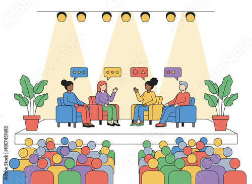 A flat vector illustration of a conference stage where a group of speakers sit in chairs, engaging in discussion during a business event, forum, or professional seminar panel