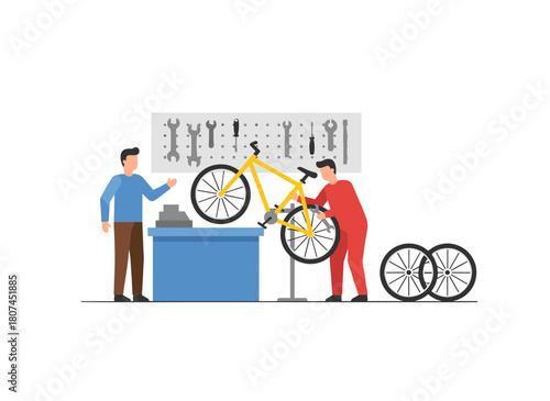 A bicycle repair shop scene featuring a cyclist client and a workshop manager at the counter, with a biker holding a damaged bike and a punctured tire, depicted as a flat vector illustration on a