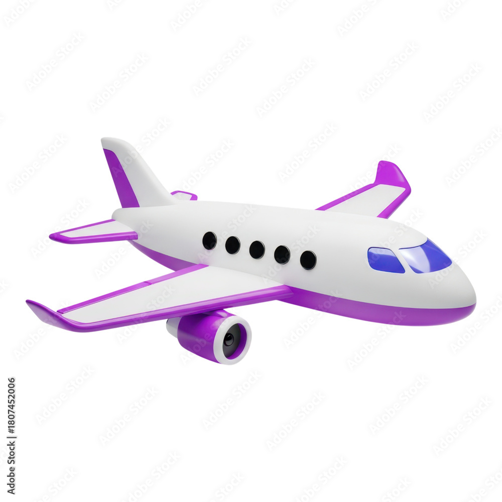 Fototapeta premium Cartoon airplane with purple accents isolated on transparent background