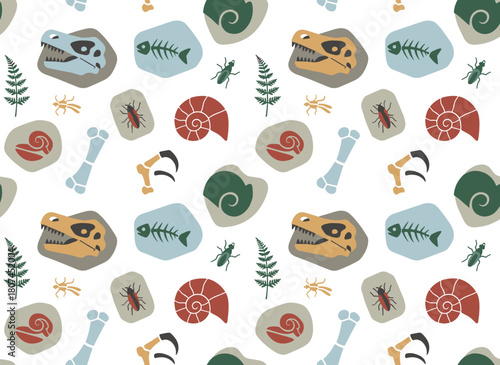 Continuous paleontological pattern featuring ancient fossils, dinosaur skeleton prints, and remains, set against an archaeological backdrop with endless prehistoric texture design, repeating print