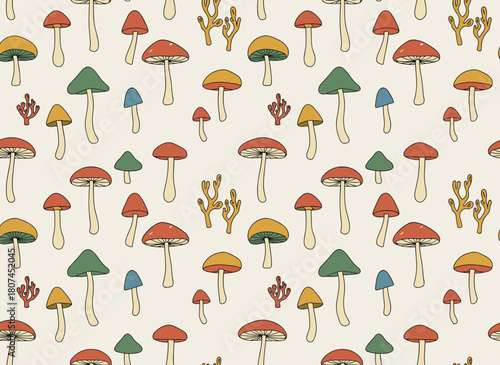 A stunning monochrome seamless design featuring hand‑drawn outlines of various poisonous forest mushrooms, rendered with contour lines against a light background