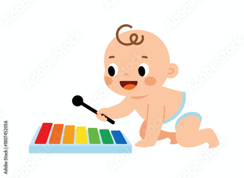 A smiling toddler plays a wooden xylophone in a flat vector illustration, a cute diapered child revels in the toy's music against a white background, exuding joyful fun