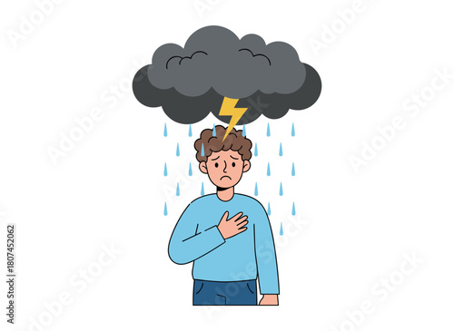 A depressed man under rain clouds and lightning, grieving and sorrowful, representing a psychological crisis and frustration, shown as a flat vector illustration on a white background