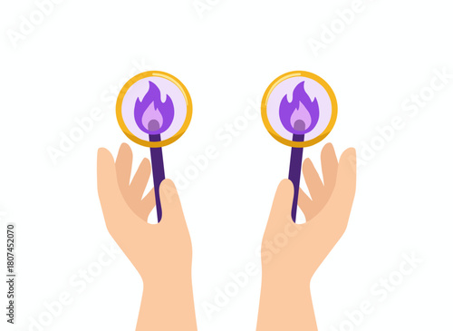 Concept of magical power and ability, depicted by two wands held in open palms, symbolizing creative energy, resources, and opportunity, rendered as an esoteric flat vector illustration on a white