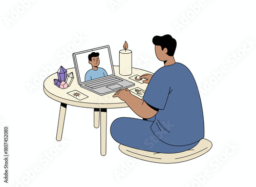 Online tarot card reading and divination, with a fortune teller predicting and spreading tarot through a computer, presented as a flat vector illustration on a white background