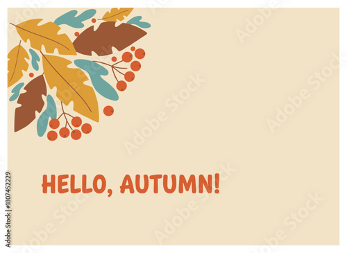 A fall card featuring a natural square background, with autumn leaves, plants, branches, berries, and foliage, styled as a natural forest postcard, using an organic seasonal botanical template and
