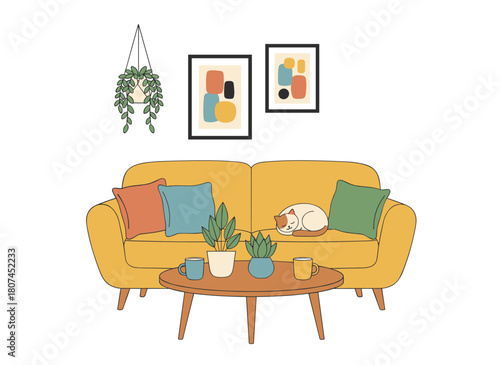A charming, snug room featuring a sleeping cat on a plush sofa, a coffee table, potted plants, and home décor, styled in modern Scandinavian hygge, illustrated as a flat vector