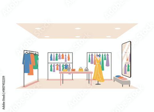 Illustration of a vibrant, hand‑drawn interior of a fashionable clothing boutique, featuring furnishings, displays, and mannequins wearing stylish outfits