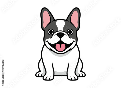 A French bulldog, a cute and funny dog, appears as a happy, adorable bicolor puppy; this amusing, stout canine is a purebred sweet pup with a tongue, rendered as a flat vector illustration on a white