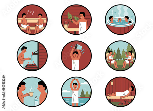 A group of people enjoying a steam-filled sauna or banya, laughing and cleansing themselves, depicted in a flat cartoon vector illustration for wellness and recreation