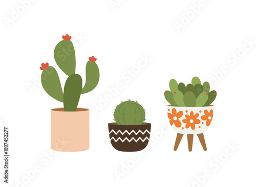 Leafy potted plants and cacti thrive in indoor flowerpots, serving as natural décor for homes and offices, with room vegetation showcased in planters, depicted as a flat vector illustration on a