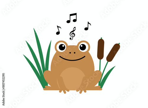 A charming, humorous frog croaks and sings, a joyful amphibian with musical tones, a cute kawaii toad character, presented as a childlike flat vector illustration on a white background