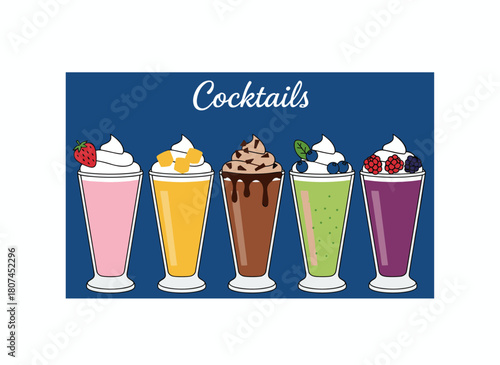 A flat vector illustration shows a composition of tasty milkshakes in glasses against a background, alongside numerous refreshing tropical drinks in jars, and dessert beverages garnished with fruit