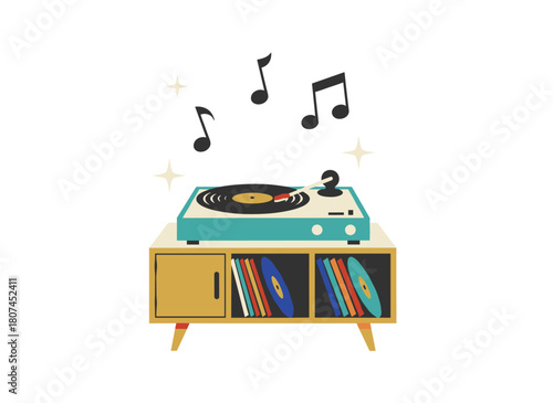 A vintage turntable or analog music player playing a vinyl record, set against a light backdrop, depicted as a colorful, modern flat-style vector illustration of an old-fashioned audio device