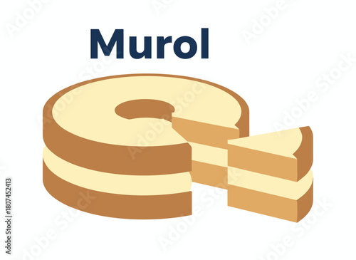Illustration of a round wheel of French Murol cheese and a sliced piece, donut‑shaped dairy product, in a colorful flat vector style on a white background