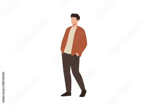A college student strides down the street with a backpack, holding its straps, depicted as an abstract faceless figure in a flat vector illustration against a white background