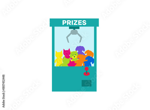 Flat vector illustration of a crane game machine featuring colorful plush animal toys, offering children amusement and the chance to win prizes, displayed on a white background