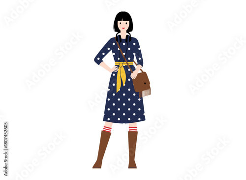Bohemian-inspired fashion ensemble featuring a female model in a relaxed, ethnic-patterned look, depicted as a flat vector illustration against a white background