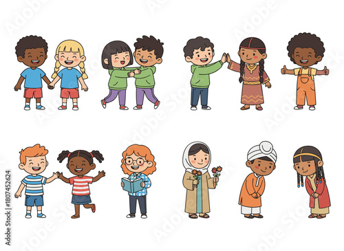 Flat vector illustrations of happy children in pairs—friends, classmates, and siblings—showing diverse smiling boys and girls against a white background