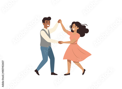 A pair of modern young dancers perform Lindy hop, holding hands in a cheerful, lively swing, depicted as a flat vector illustration on a white background
