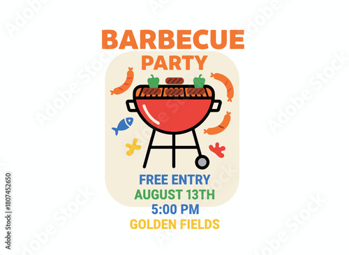 A vertical promotional card featuring a BBQ party poster template with a barbecue grill, brazier, and meat, designed as a flat vector illustration for a summer barbecue picnic festival flyer