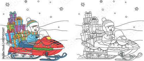 Christmas coloring page of a cute boy driving a red snowmobile filled with gifts. Vector illustration of winter holiday delivery concept with color and outline versions for kids.