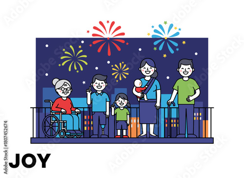 A crowd of people enjoys fireworks over a nighttime cityscape in a flat vector illustration, with city dwellers reflecting on the festive pyrotechnics, while a man, woman, and children celebrate the