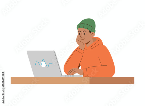 A young man sits at his laptop, a bored and upset student hunched over a notebook computer, engaged in remote freelance work, embodying the concept of boredom and burnout, illustrated as a flat