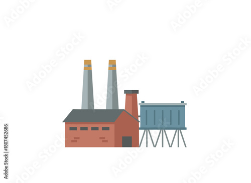 A contemporary industrial factory or boiler house, featuring a pipe that releases vapor, set against a white backdrop; the facade of a centralized heating plant rendered as a flat, colorful cartoon