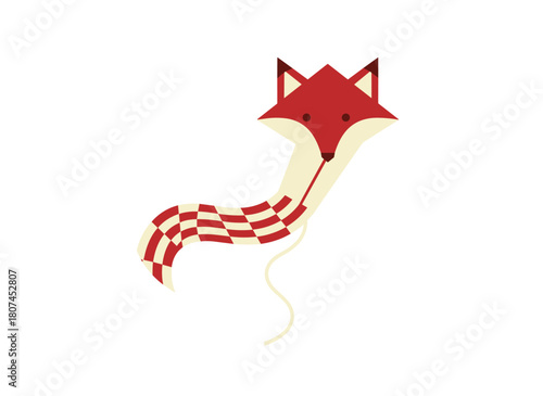 A cute fox-shaped kite floats in the wind, a paper toy design for kids featuring a chord tail, presented as a flat vector illustration on a white background