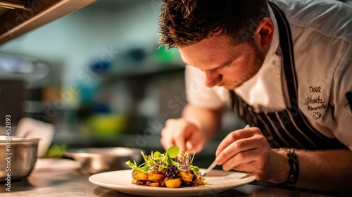 In a bustling kitchen, a chef focuses intently on plating a beautifully arranged gourmet dish. The warm lighting highlights fresh ingredients and delicate garnishes.