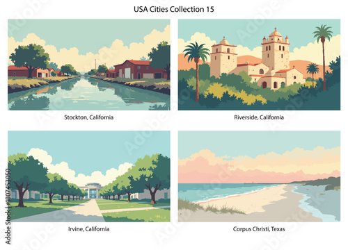 Stockton, California, Riverside, California, Irvine, California, Corpus Christi, Texas Flat Vector Poster Collection