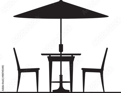 Outdoor dining table with chairs and umbrella in black silhouette vector