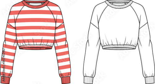 Cropped sweatshirt with raglan sleeves, crew neck, ribbed cuffs, striped design, fashion flat sketch, technical garment drawing, vector illustration