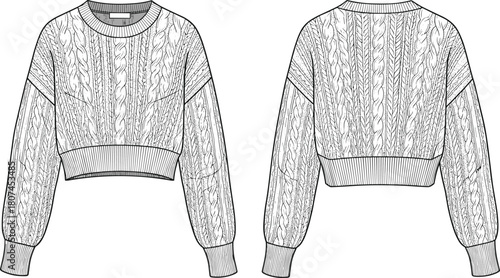 Cropped cable-knit sweater front and back view, balloon sleeves, ribbed cuffs, fashion flat sketch, technical garment drawing, vector illustration