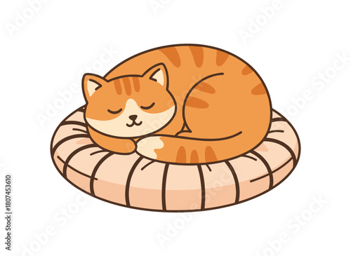 Adorable cat dozing in a pet bed, peacefully resting on a plush cushion and pillow, belly exposed, depicted as a flat vector illustration against a white background