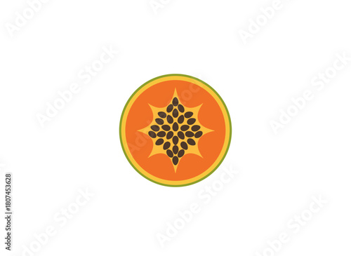 A doodle-style icon of a papaya half with seeds, showing a cut piece of tropical fruit in a flat vector illustration, top view of the papaw cross-section on a white background