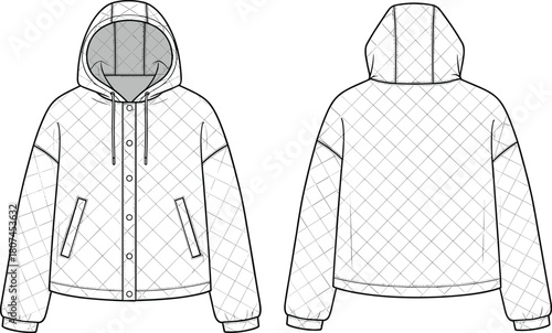 Quilted hooded jacket, diamond pattern coat, technical fashion sketch, front and back view, snap button, vector garment design, flat vector illustration