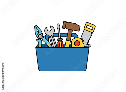 A wooden toolbox with a handle, packed with tools for home maintenance and repair—hammer, saw, wrench, screwdriver, ruler, pliers—isolated on a white background, presented as a colorful flat vector