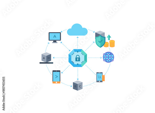 A creative horizontal banner featuring hands, a laptop, a smartphone, other electronic devices, and Bitcoin symbols, illustrating blockchain, distributed computing, and cryptocurrency in a lineart