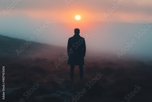 Silhouetted man standing on mist-covered moorland at sunrise, symbolizing new beginning, foggy morning, thick fog, mysterious, calm atmosphere, sunrise watcher