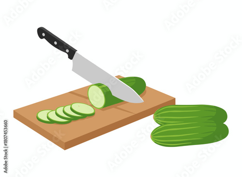 A sharp knife slices vegetables into pieces, cutting a cucumber into quarters on a wooden kitchen board, preparing food for cooking, depicted as a flat vector illustration of a veggie on a white