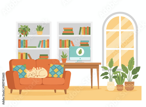 A modern apartment interior with a cozy living room, complete with sofa, bookshelf, table, computer, houseplants, and decor, illustrated in a colored textured flat vector style