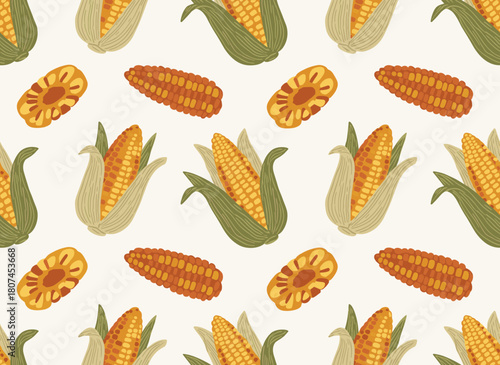 Hand‑drawn sweet corn cobs in contour lines create a natural, seamless pattern on a light monochrome background, suitable for textile prints, wrapping paper, and wallpaper