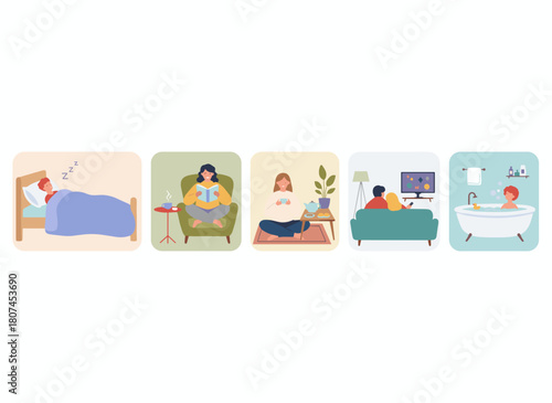 A vector flat illustration depicting various people struggling to wake up, featuring a colorful man and woman lying on a bed, spilling coffee, set against a white background, capturing a collection