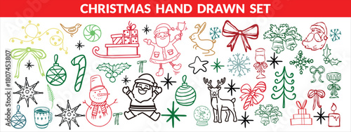 Christmas hand drawn set.Christmas hand drawn cute vintage doodle elements. Christmas tree, gift, star, bows, candy cane, baubles, cacao, confetti, snowflake, holly. Holiday retro decorations. Vector 