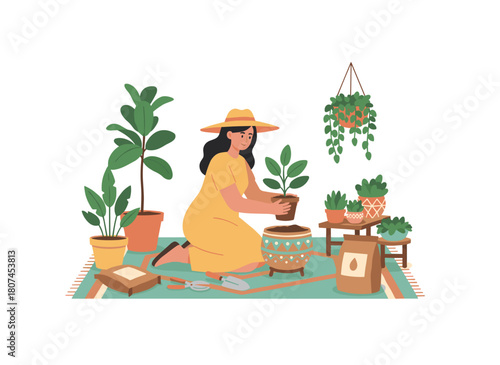 A woman is depicted in a flat vector illustration tending a home garden, enjoying gardening by caring for houseplants in pots against a white background, while a girl replants and waters a plant on