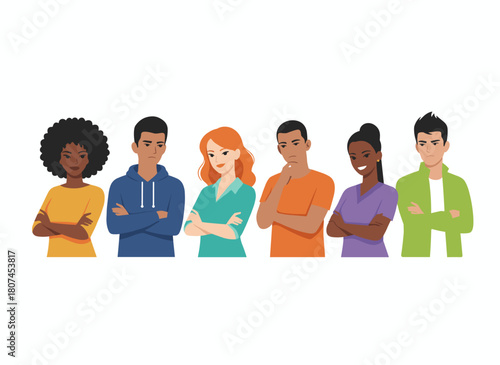 Skeptical, uncertain people doubt, thinking with suspicious, puzzled facial expressions; a set of serious, doubtful characters embodying mistrust, distrust, and disbelief; flat vector illustrations