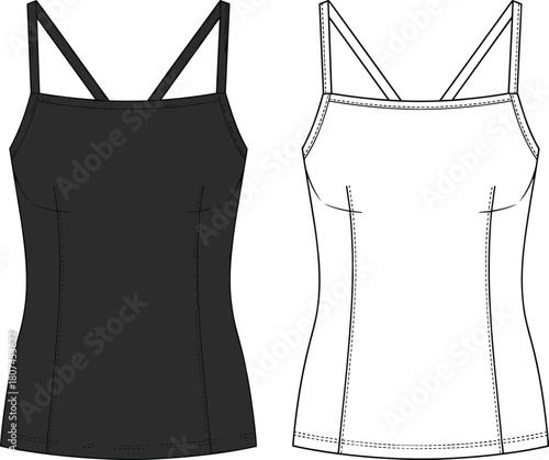 Women's fitted camisole top, sleeveless tank, fashion garment, flat vector illustration, apparel design, technical sketch, activewear, clothing template
