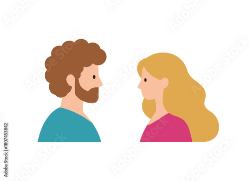 Side‑view illustration of a man and woman gazing at each other, their intimate eyes conveying love and romance, set against a white background in flat vector style